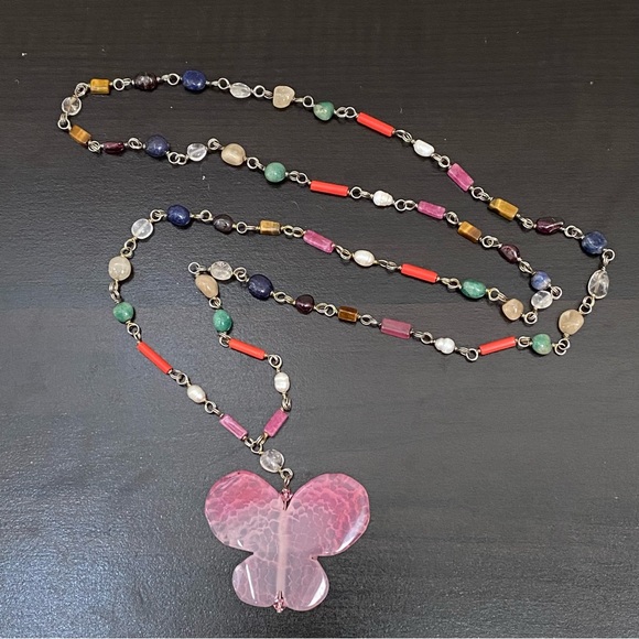 Handmade Pink Butterfly Pendant Genuine Stones Beaded Long Necklace - Picture 9 of 11
